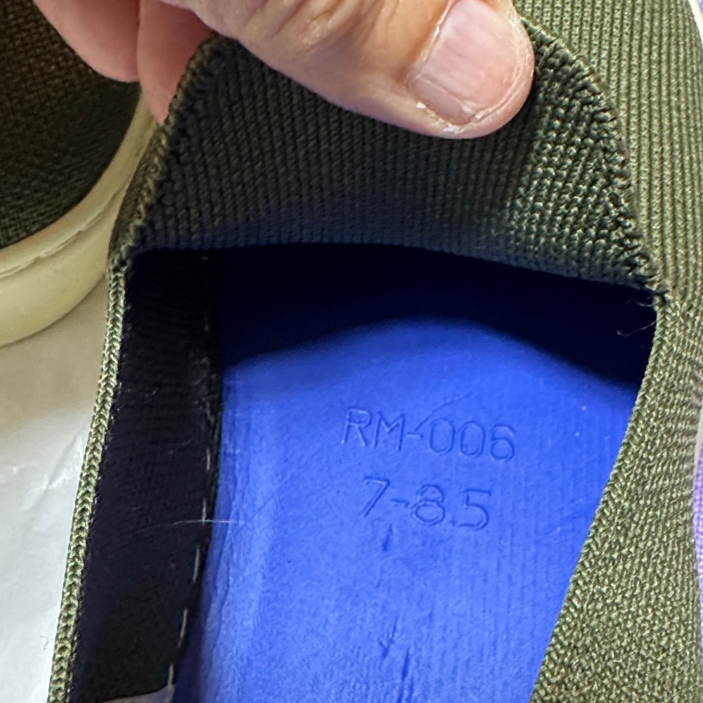 Rothy's Olive Slip-On Shoes with Blue Trim - Picture 10 of 16
